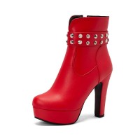Round Toe Cuban Heels Platforms Side Zipper Ankle Rivet Decorated Straps Boots - Red