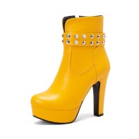 Round Toe Cuban Heels Platforms Side Zipper Ankle Rivet Decorated Straps Boots - Yellow