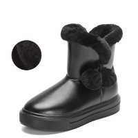 Round Toe Pull On Cute Winter Flats Boots - Black