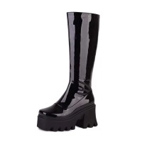 Square Toe Chunky Heels Knee Highs Platforms Autumn Classy Side Zipper Rain Boots - Black Patent