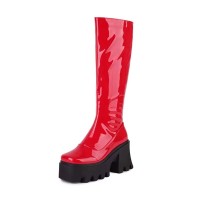 Square Toe Chunky Heels Knee Highs Platforms Autumn Classy Side Zipper Rain Boots - Red Patent