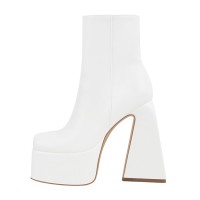 Square Toe Chunky Heels Side Zipper Platforms Ankle Highs Boots - White Patent