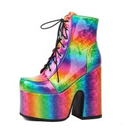Round Toe Chunky Heels Lace Up Bat Print Platforms Ankle Highs Boots - Multicolor Patent