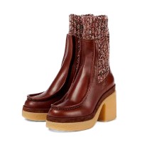 Chunky Heels Round Toe Socks Vintage Platforms Boots - Brown