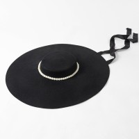Flat Wool Brim Paris Style Beads Decorated Luxury Hat - Black