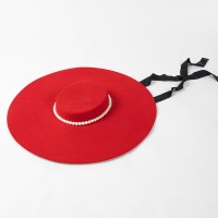 Flat Wool Brim Paris Style Beads Decorated Luxury Hat - Red