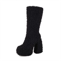 Round Toe Chunky Heels Platforms Knee Highs Fluffy Wool Booties - Black