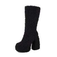Round Toe Chunky Heels Platforms Knee Highs Fluffy Wool Booties - Black Faux Wool