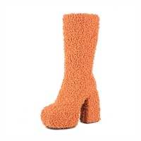 Round Toe Chunky Heels Platforms Knee Highs Fluffy Wool Booties - Orange