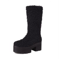 Round Toe Chunky Heels Platforms Knee Highs Fluffy Wool Booties with Side Zipper - Black