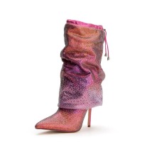 Pointed Toe Stiletto Heels Gradient Rhinestones Mid Calf Booties Pumps - Rose Red