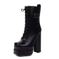 Square Toe Lace Up Ankle Straps Side Zipper Double Platforms Chunky Heels Boots - Black Faux Leather