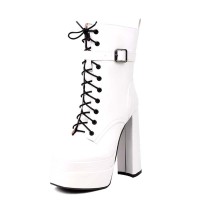 Square Toe Lace Up Ankle Straps Side Zipper Double Platforms Chunky Heels Boots - White Faux Leather