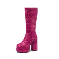 Round Toe Chunky Heels Side Zipper KneeHighs Platforms Leopard Boots - Pink