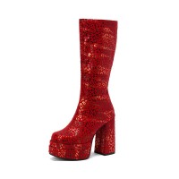 Round Toe Chunky Heels Side Zipper KneeHighs Platforms Leopard Boots - Red