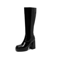 Round Toe Chunky Heels Side Zipper KneeHigh Autumn Rain Boots - Black