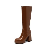 Round Toe Chunky Heels Side Zipper KneeHigh Autumn Rain Boots - Brown