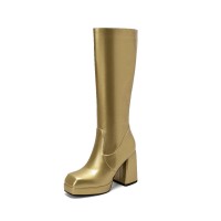Round Toe Chunky Heels Side Zipper KneeHigh Autumn Rain Boots - Gold