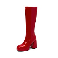 Round Toe Chunky Heels Side Zipper KneeHigh Autumn Rain Boots - Red