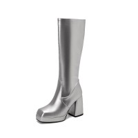 Round Toe Chunky Heels Side Zipper KneeHigh Autumn Rain Boots - Silver