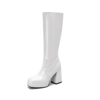 Round Toe Chunky Heels Side Zipper KneeHigh Autumn Rain Boots - White