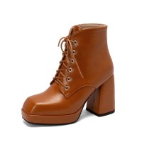 Round Toe Chunky Heels Platforms Ankle LaceUp Boots - Auburn