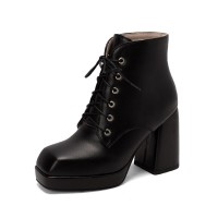 Round Toe Chunky Heels Platforms Ankle LaceUp Boots - Black