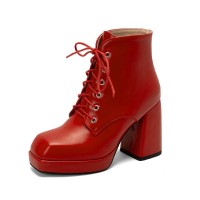 Round Toe Chunky Heels Platforms Ankle LaceUp Boots - Red