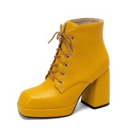 Round Toe Chunky Heels Platforms Ankle LaceUp Boots - Yellow