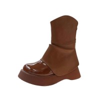 Round Toe Platforms Autumn Rain Boots with Back Zipper - Brown