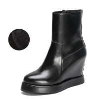 Round Toe Side Zipper Smooth Wedges Winter Boots - Black