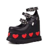 Round Toe Platforms Red Hearts Three Row Metal Buckle Straps Punk Gothic Wedges Pumps - Black Faux Leather