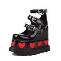 Round Toe Platforms Red Hearts Three Row Metal Buckle Straps Punk Gothic Wedges Pumps - Black Patent