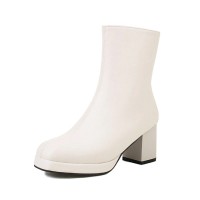 Round Toe Chunky Heels Side Zipper AnkleHighs Boots - Beige