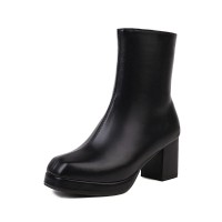 Round Toe Chunky Heels Side Zipper AnkleHighs Boots - Black
