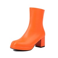 Round Toe Chunky Heels Side Zipper AnkleHighs Boots - Orange