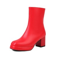 Round Toe Chunky Heels Side Zipper AnkleHighs Boots - Red