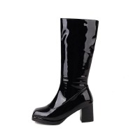 Round Toe Chunky Heels Side Zipper KneeHigh Rain Boots - Black