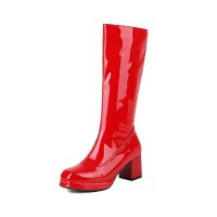 Round Toe Chunky Heels Side Zipper KneeHigh Rain Boots - Red