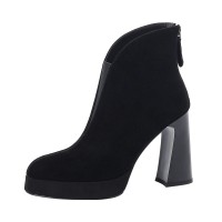 Round Toe Chunky Heels Suede Boots with Back Zipper - Black
