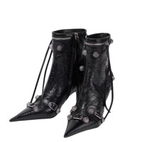 Pointed Toe Stiletto Heels Vintage Gothic Metal Buckle Zipper Ankle High Boots - Black Faux Leather