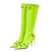 Pointed Toe Stiletto Heels Vintage Gothic Metal Buckle Zipper Knee High Boots - Green Faux Leather