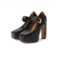 Square Toe Chunky Heels Platforms Crocodile Pattern Mary Janes Pumps - Black