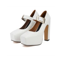 Square Toe Chunky Heels Platforms Matte Mary Janes Pumps - White