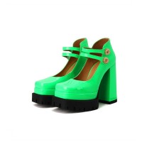 Square Toe Chunky Heels Platforms Mary Janes Pumps - Green
