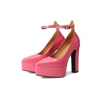 Pointed Toe Chunky Block Heels Platforms Ankle Buckle Straps Pumps - Pink