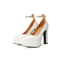 Pointed Toe Chunky Block Heels Platforms Ankle Buckle Straps Pumps - White