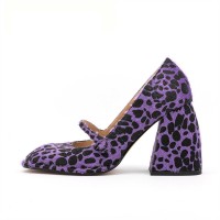 Square Toe Chunky Heels Mary Janes Leopard Shoes - Purple