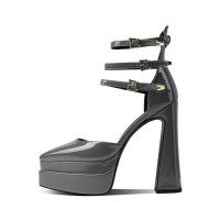 Pointed Toe Chunky Heels Platforms Ankle Buckle Straps Dorsay Pumps - Gray