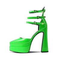Pointed Toe Chunky Heels Platforms Ankle Buckle Straps Dorsay Pumps - Green